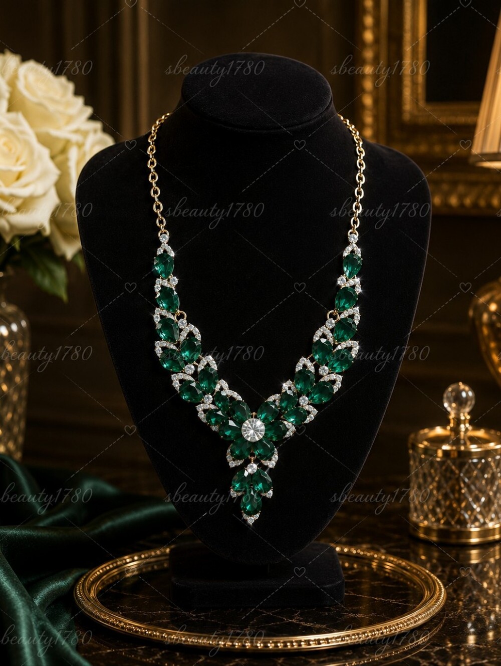 Elegant Emerald Green Crystal Statement Necklace - Women Jewelry